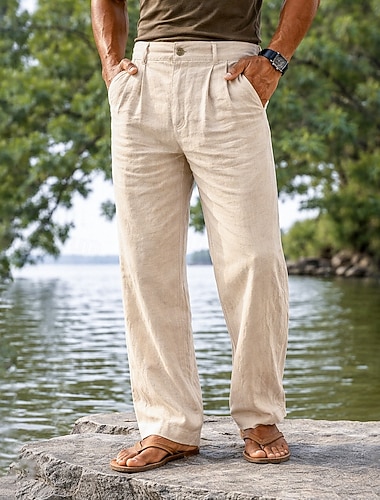  Herren Hose aus Baumwollleinen Sommerhose Baggy-Hosen Strandhose Tasche Falten Einfarbig Komfort Atmungsaktiv Volle Länge Täglich Outdoor Strand Urlaub Mode Schwarz Weiß Unelastisch