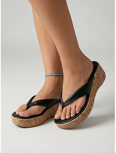  Eleganta svarta damsandaler med stringtrosa - bekväma flip-flops med korkmönster och kilklack för kryssningssemestrar, avkoppling vid poolen &sommarstrandresor