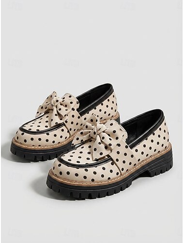  Elegante beige Damen-Loafer mit Polka-Dots – bequeme Plateauschuhe mit dicker Sohle und eleganter Schleife, perfekt für Büro und Streetwear. &Vintage-Outfits