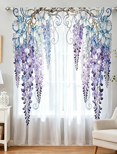  Transparenter Vier-Jahreszeiten-Fenstervorhang für Schlaf- und Wohnzimmer, mit Glyzinienblüten- und Rankenmuster, eleganter, floraler Gardinenvorhang mit Stangendurchzug, sanfte und leichte Dekoration