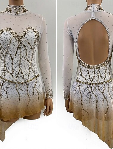  Abito da pattinaggio artistico Per donna Ragazze Pattinaggio sul ghiaccio Vestito Oro Patchwork Schiena aperta Rete Alta elasticità Allenamento Competizione Vestiti da pattinaggio sul ghiaccio