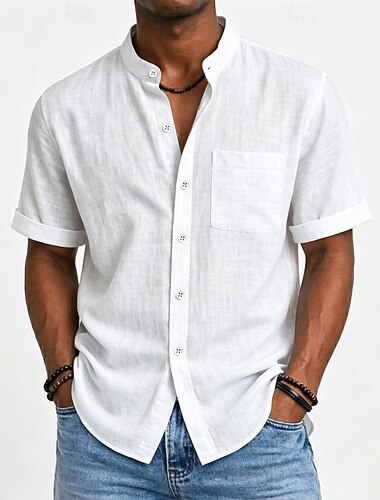  Per uomo Camicia di lino Camicia Estiva Camicia casual Camicia con colletto alla coreana Camicia con Bottoni Semplice Spiaggia Vacanza Nero Bianco Giallo Rosa Manica Corta Collo alla coreana