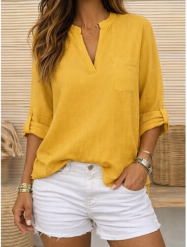  Femmes Chemises en coton et lin Hauts d'été Chemisier Hauts Élégants Froncé Patchwork Avec Poches Couleur Unie Uni Élégant ancien Dames Manche 3/4 Col en V Col de chemise Hauts Longs Occasionnel