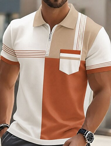  Herr Färgblock Geometrisk Pikétröjor Kortärmad Polotröjor Skjortor med krage Ledigt Utomhus Fritids- Helgdag Ficka 3D-utskrift Quarter Zip Polo Vår & sommar Blå Brun Grön