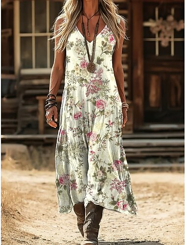  Dames Halflange jurk Boho-jurk Vintage Jurk Casual jurk Vintage Flowy Huis Straat Feestdagen Normale pasvorm Boho Bloemig Mouwloos V-hals Grijs-Groen Roestig rood Beige Zomer Lente