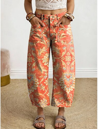  Damen Weites Bein Chinos Abgeschnittene Hose Urlaub Vintage Lässig Knöchellang Hohe Taille Blumen Grafik Druck Bequem Komfort Atmungsaktivität Unelastisch Täglich Outdoor Straße Blau Gelb Orange