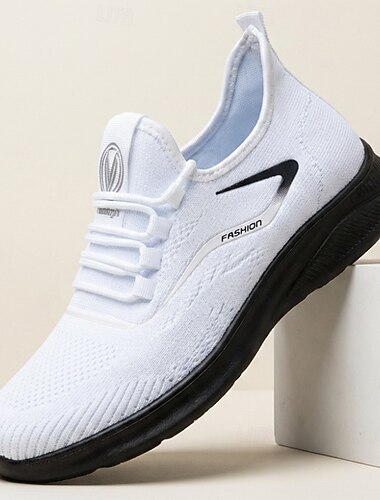  Vita stickade slip-on-sneakers för män, lätta, andningsbara och vadderade, bekväma promenadskor för aktiva män, vardagskläder, resor, pendling och helgutflykter