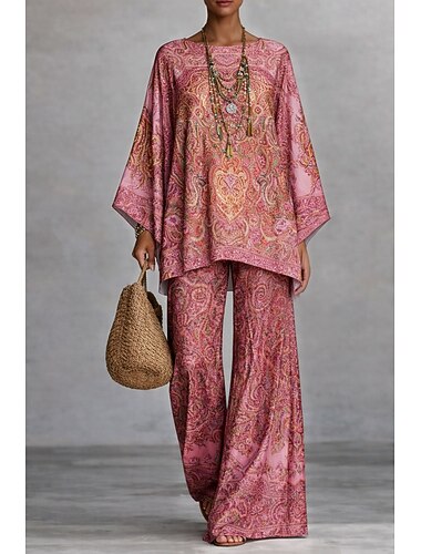  Damen Hosen-Sets Langarm Rundhals Grafik Paisley-Muster Druck Mode Streetwear Lässig Täglich Outdoor Rosa Purpur Orange Frühling & Sommer Lässiger Schnitt