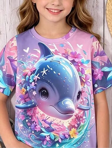  Mädchen 3D Grafik Tiermotiv Cartoon T-Shirt Kurzarm 3D-Druck Sommer Frühling Aktiv Niedlich Kinder 5-12 Jahre Lässig Täglich Schule Normale Passform