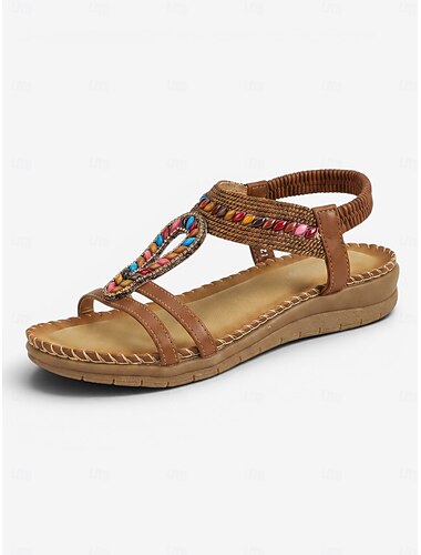  damskie brązowe, koralikowe, płaskie sandały z paskiem w kształcie litery T – letnie buty w stylu boho etnicznym na niezobowiązujące wyjścia, podróże i wakacje na plaży