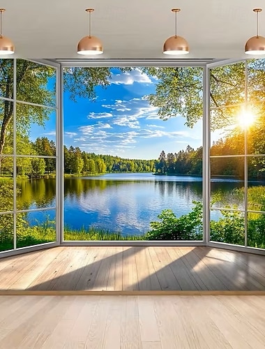  Tapisserie murale représentant une vue sur un lac, un paysage naturel et une forêt ensoleillée, idéale pour la décoration d'une chambre, d'un salon, d'une chambre d'étudiant ou de toute autre pièce de la maison.
