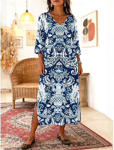  בגדי ריקוד נשים שמלת מקסי שמלת בוהו שמלת שיפט שמלת קיץ שמלת חוף בוהמיה חופשה אתני חוף חגים פגישה (דייט) מונח בצורה רפויה גראפי מופשט שרוול 4\3 צווארון V פול כתום קיץ אביב