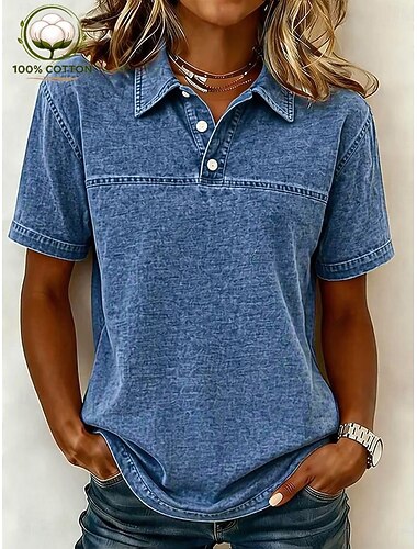  Femmes Chemise Henley Lavage à l'acide Lavage vintage Couleur Unie ancien Mode Élégant Manche Courte Col de chemise Hauts Réguliers Occasionnel Plage Bleu Jaune Rose Claire Violet Orange Été Printemps