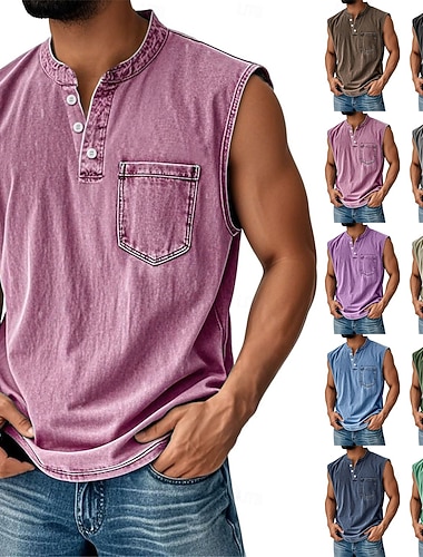  Homme Débardeur T-shirt en coton Chemise délavée Sans manches Henley Été Uni Mode Designer Basique Avec Poches Teinture en vêtement Lavé Occasionnel Vacances Rue Noir Vert Claire Rose Claire T-shirt