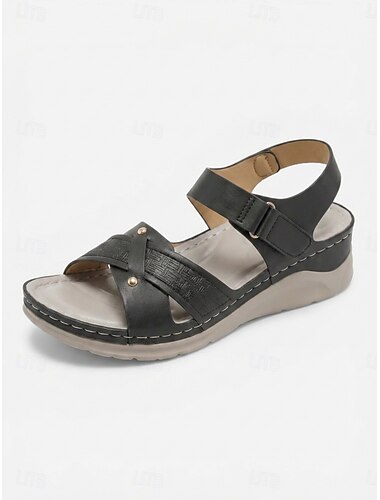  Damessandalen met zwarte voetboogondersteuning – minimalistische comfortabele sandalen met verstelbare band, gevoerde lichtgewicht schoenen voor comfort de hele dag door, ideaal om op te wandelen.