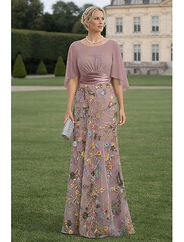  גזרת A שמלות עד הריצפה שמלת מקסי שמלת קוקטייל שמלה לאם הכלה  שרוולים קצרים סקופ צוואר אלגנטית רשמי אורחת חתונה קנטקי דרבי תחרה עם פרחים תלת-ממדיים ריקמה אפליקציות