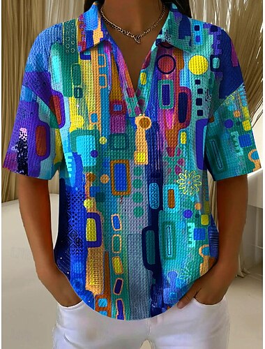  Tops Waffle Femininos de Verão Gráfica Geométrica Elegante Vintage Sem Mangas ou Manga Curta Gola em V Tops Regulares Casuais Diários Azul Amarelo Laranja Verão Primavera