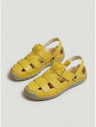  gule gladiatorsandaler til dame – lukket tåvevd design, pustende, avslappede fiskersandaler for turgåing og reiser &daglig bruk