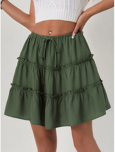  Dames Vakantierok Modieus Casual Mini Hoge taille Rokken Effen Trekkoord Ruche Rekbaar Dagelijks Straat Zwart Wit Oranje Bruin Zomer
