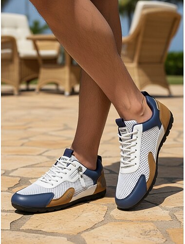  Herre blå og hvite casual joggesko med snøring, lette og komfortable tursko for utendørsaktiviteter på feriesteder, feriereiser, fritid på feriesteder, helgeturer og smart casual hverdagsbruk