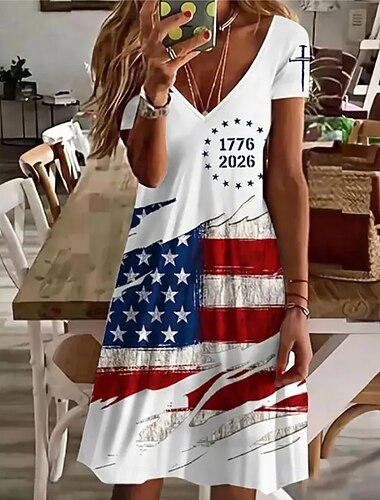  Amerikan itsenäisyyspäivä Naisten Mini mekko Tpaitamekko A linjainen mekko Vapaa-aika Päivittäin Normaali Kuvitettu Amerikan lippu Lyhythihainen V kaula-aukko Sininen Valkoinen Rubiini Kesä Kevät