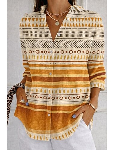  Damen Hemd Waffelhemd Freizeithemd Knöpfe Grafik Elegant Urlaub Vintage Langarm Lange Oberteile Täglich Outdoor Streetwear Weiß und Rosa Gelb Regenbogen Sommer Frühling Herbst Winter