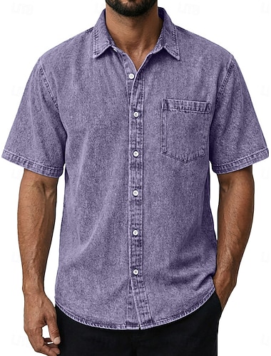  Herren Hemd Freizeithemd Knopfhemd Hemd aus 100 % Baumwolle in Säurewaschung Schwarz Wein Marineblau Purpur Braun Kurzarm Einfach Revers Lässig Täglich Fronttasche Bekleidung Baumwolle Elegant Mode