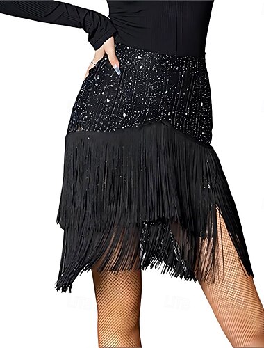  Gonna latina da donna nera con frange di paillettes - abito da ballo asimmetrico a balze con nappe per salsa, cha cha, samba &sala da ballo