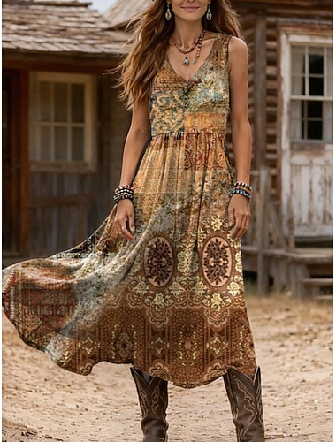  Damen Midikleid Sommerkleid A Linie Kleid Urlaub Lässig Boho Ferien Normale Passform Grafik Geometrisch Ärmellos V Ausschnitt Braun Khaki Sommer Frühling