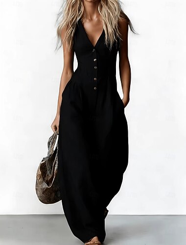  Femmes Faux coton lin Élégant Sans manches Jambe large Col en V Quotidien Vacances Coupe régulière Marron foncé Noir Blanche Été
