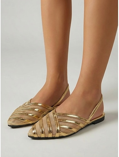  Gouden platte slingback schoenen voor dames, metallic ballerina's met spitse neus, perfect voor een diner in een resort of een vakantie. &zomeravondactiviteiten