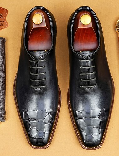  Zapatos Oxford de cuero genuino negro de primera calidad para hombre, con relieve de cocodrilo, de una sola pieza. Calzado formal de lujo con cordones para novio, padrinos de boda, bodas, recepciones y caballeros. Estilo formal.