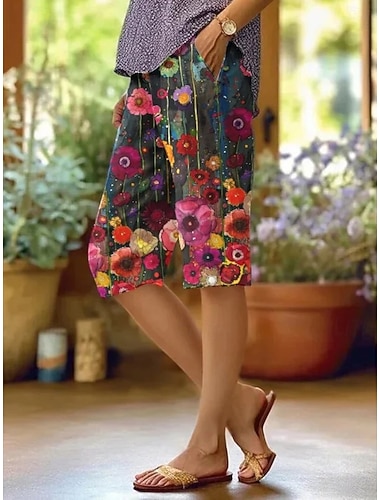  Damen Shorts aus Baumwollleinen Chinos Shorts Urlaub Vintage Küsten-Oma-Stil Knielang Mittlere Taille Blumen Grafik Druck Komfort Unelastisch Täglich Outdoor Straße Kastanienbraun Sommer Frühling