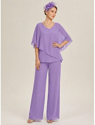  Ensemble pantalon large à col en V et empiècement en mousseline pour femme, idéal pour les mariages et les occasions élégantes.