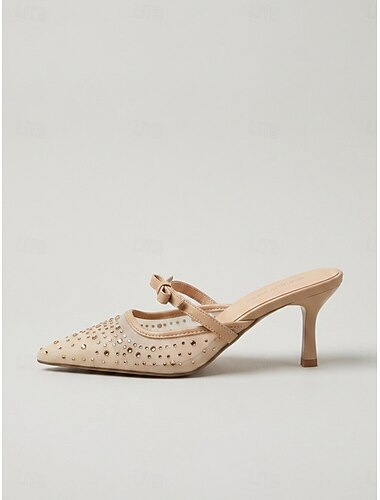  Mules à talons en résille ornée de strass couleur chair pour femme – élégantes chaussures à enfiler pour cocktail.