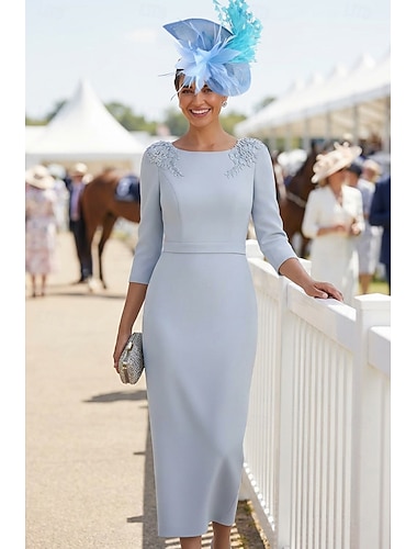  Schlauchkleid Knöchellänge Partykleid Cocktailkleid Kleid für Hochzeitsgäste Brautmutterkleid Dreiviertelarm Rundhalsausschnitt Elegant Formell Stretch-Crêpe mit Applikationen Einfarbig