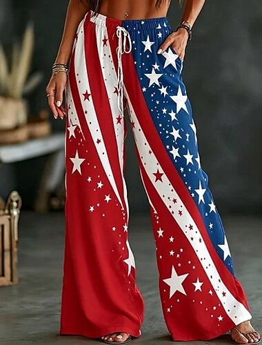  女性用 ワイドレッグ チノパン カジュアルパンツ パンツ 旅行度假风 ファッション ベーシック 全長 ミディアムウエストPantsアメリカ独立記念日 ペーズリー ポケット 弾性ウエスト プリント 快適 履き心地よい 通気性 伸縮性なし 日常 アウトドア バケーション ホワイト ルビーレッド ブルー 夏 春 ルーズフィット