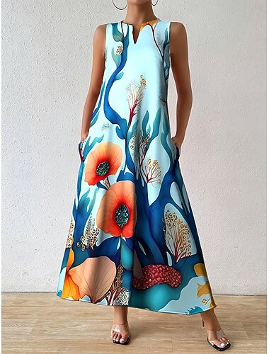  Naisten Maksimekko Kesämekko A linjainen mekko Loma Vapaa-aika Boheemi Pyhäpäivä Loose Fit Kukka Kuvitettu Hihaton V kaula-aukko Sininen Keltainen Oranssi Kesä Kevät
