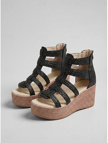  Sandales compensées romaines blanches de style gladiateur pour femme – design à brides ajourées, bride cheville avec fermeture éclair à l'arrière, chaussures d'été décontractées pour les vacances, la