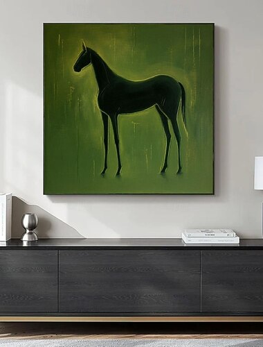  Ölgemälde, handgemalt, abstraktes grünes schwarzes Pferd, abstraktes Pferdebild, großes grünes minimalistisches Leinwandbild, Vintage-Wandkunst, neutrale Wohndekoration
