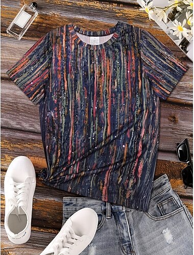  Per donna Maglietta Stampato Grafico Geometrico A righe Vintage Elegante Classico Manica Corta Girocollo Top corti Casuale Quotidiano Viola / Blu Estate Primavera