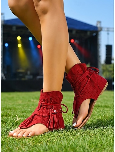  Sandales gladiateur rouges à franges pour femmes – sandales plates bohèmes à lacets, idéales pour les festivals de musique et les vacances en plein air