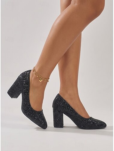  Elegante zwarte pumps met glitter voor dames - professionele werkschoenen met blokhak en subtiele glitters voor zakelijke diners en kantoorfeestjes. &verfijnde zakelijke kleding