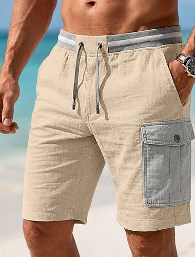  בגדי ריקוד גברים שורטים מכנסי פשתן מכנס קיץ קצר מכנסי חוף שרוך כיס אלסטית מותניים קולור בלוק צבע אחיד קומפורט נושם קצר קזו'אל יומי חוף חופשה אופנתי Koyu Haki שחור קשיח