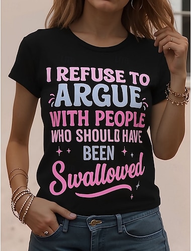  női póló vicces szleng patchwork minta grafikus macska betű stílusos alap klasszikus rövid ujjú kerek nyakú normál felsők mindennapi kék fekete és piros fekete nyár tavasz ősz tél #