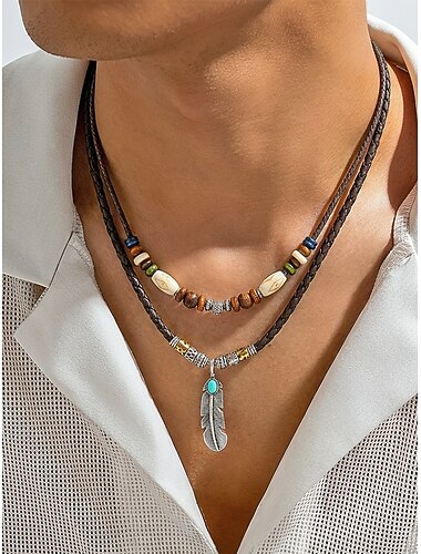  Heren bohemian dubbellaagse ketting, van legering en gewaxt koord met een hanger in de vorm van een veer, geschikt voor dagelijks casual gebruik, strandvakanties en resortstijlen.
