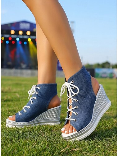  Dames denim sandalen met vetersluiting en sleehak – espadrilles met open teen en plateauzool, perfect voor muziekfestivals, vakanties en casual buitenactiviteiten.