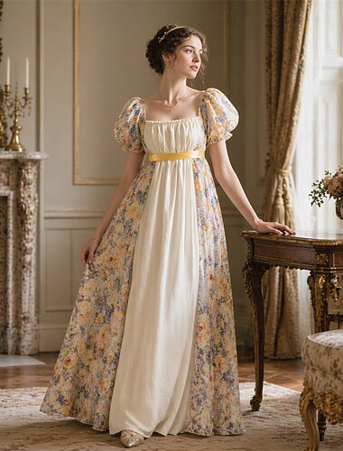  Medeltida kostymer Renässans 1800-talet Golvlång Klänningar Korta ärmar Prinsessa Blommig Blomtryck Fyrkantig hals Maskeradkläder Dam Karnival Renässansmässan LARP Retro-temafest Vuxna Klänning Alla