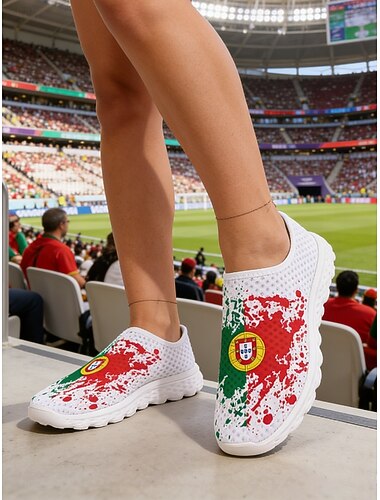  Slip-on-sneakers med portugisisk flagg til dame – lette nettingsko for fotballfans, reiser og sommerklær