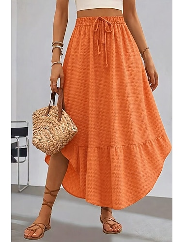  Dam Våffelkjolar Elegant bohemliv Mode Ledigt Maxi Mellanhög midja Kjolar Grafisk Snörning Elastisk midja Oregelbunden fåll Oelastisk Microelastisk Dagligen Semester Blå Grågrön Orange Sommar